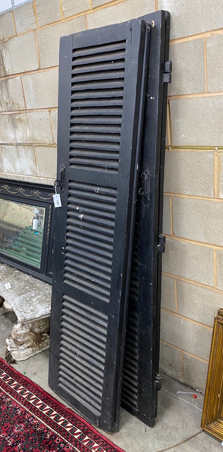 Two pairs of painted louvre shutters, each panel width 52cm, height 200cm